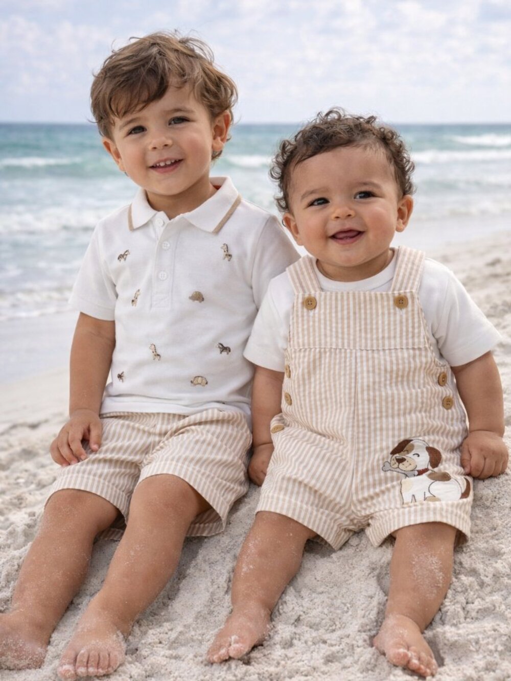 NWT Little Me Baby Boy 3PC Outfit Set Polo Shirt Shorts & Romper Neutral Stripe